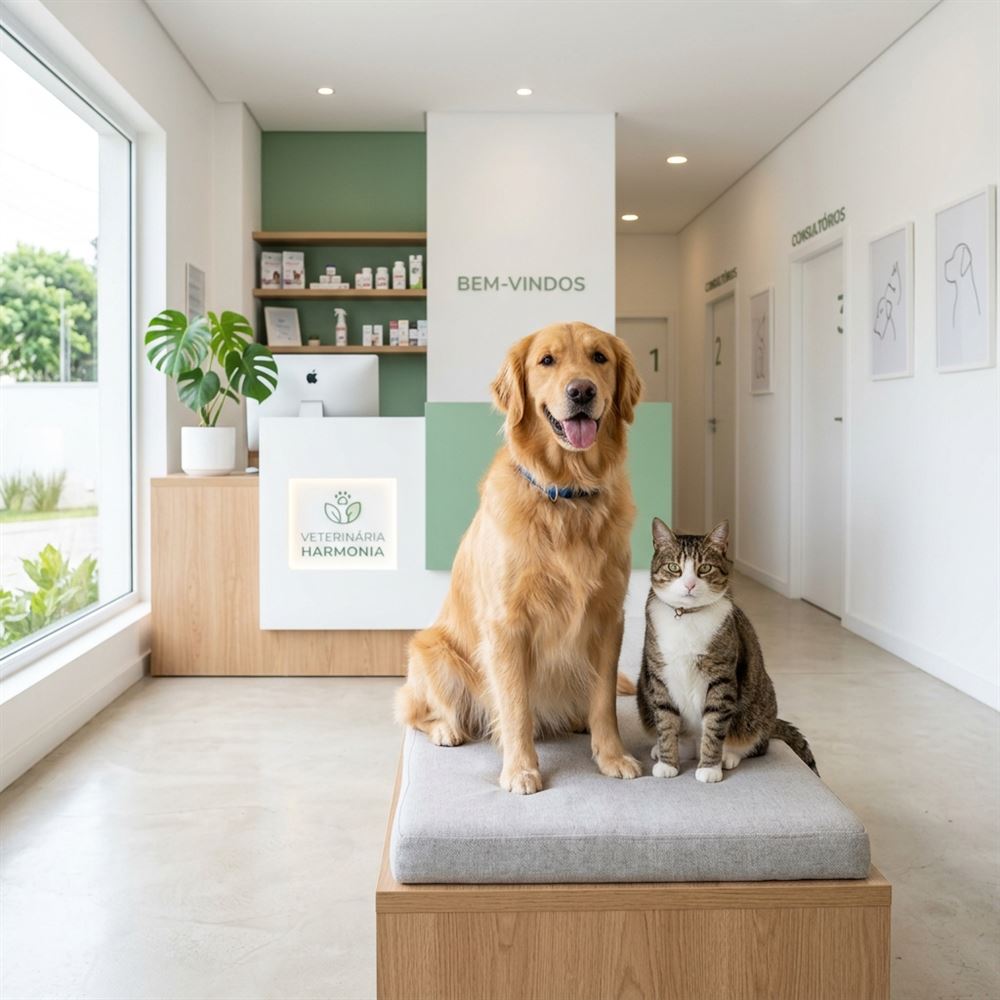 Cão e gato em recepção veterinária moderna