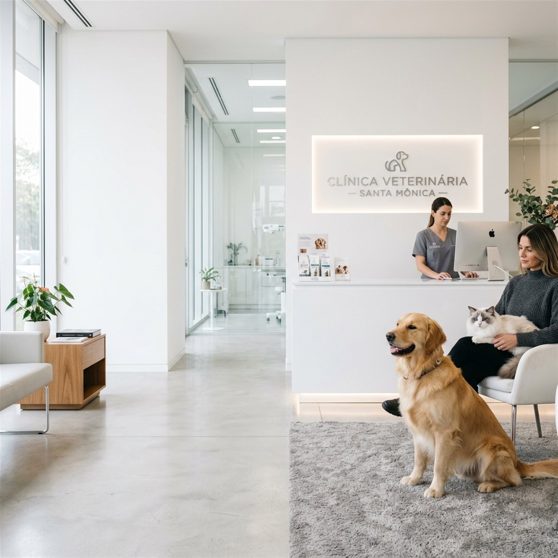 Recepção moderna de clínica veterinária com cão e gato